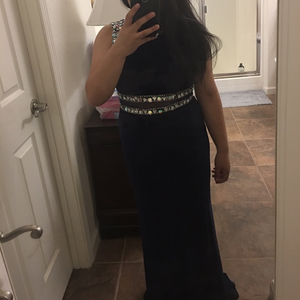 NAVY BEJEWELED PROM DRESS
